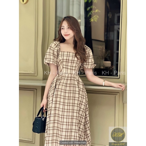 🍁🍁ĐẦM CARO NÂU DÁNG DÀI XOÈ TÂY BÍ TÔN DÁNG DỄ MẶC