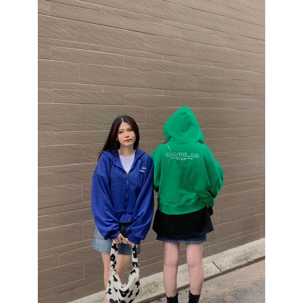 Áo Hoodie Zip BAMBILAB Form Ngắn màu Xanh Coban