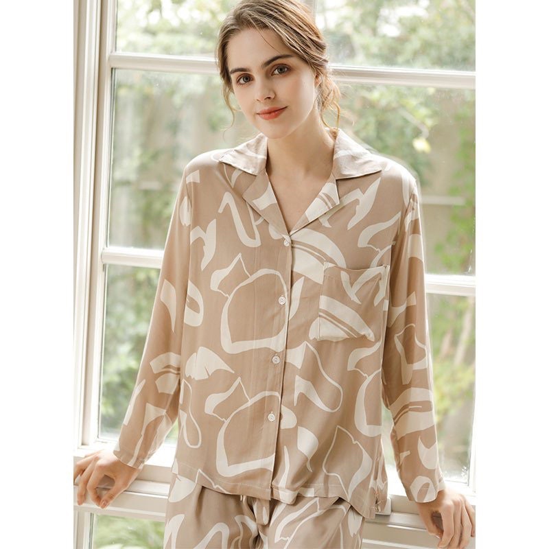 Bộ Đồ Ngủ Pyjamas Lụa Viscose, Hoạ Tiết Nâu Cafe, Thấm Hút Mồ Hôi Siêu Sang Chảnh
