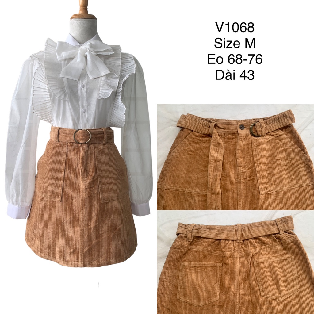 Chân váy chữ A V1068 form ngắn kèm belt rời chất kaki nhung tăm 1 lớp 2hand Nhật si tuyển ảnh thật