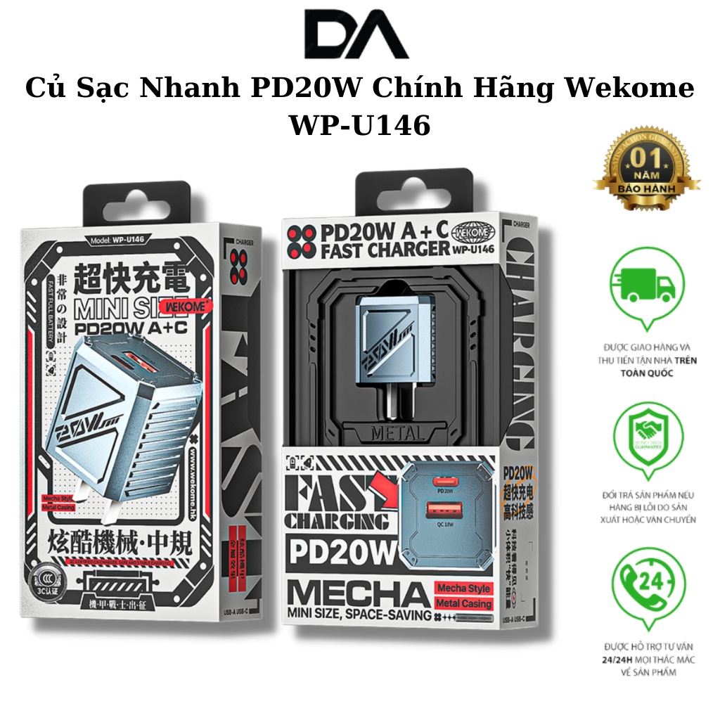 Củ sạc nhanh WK WP-U146 20W USB+USB-C/Type-C, Chính hãng, với thiết kế nhỏ gọn chắc chắn, dòng điện ổn định , an toàn
