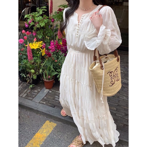LILY Váy màu trắng vải nhăn dáng dài có thắt eo phong cách Ulzzang tiểu thư cao cấp