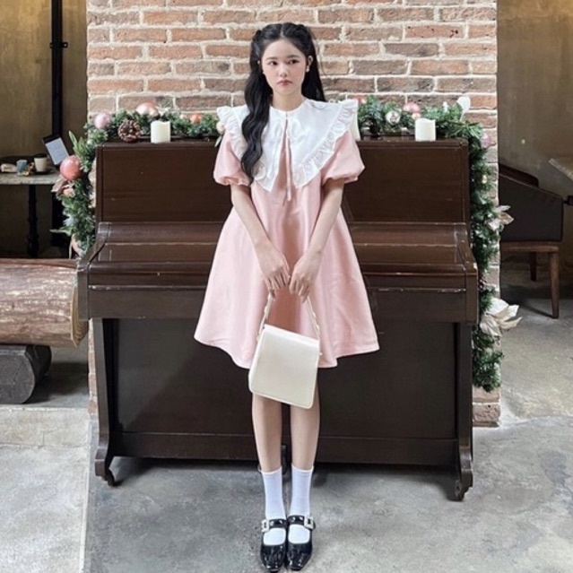 Váy hồng baby tafta cổ bèo tay bồng babydoll váy bầu tiểu thư xinh xắn BABY PINK DOLL