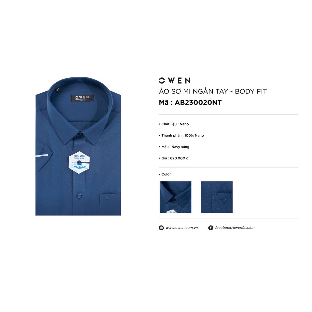 Áo sơ mi owen ngắn tay màu navy sáng body fit vạt ngang vải nano AB230020NT