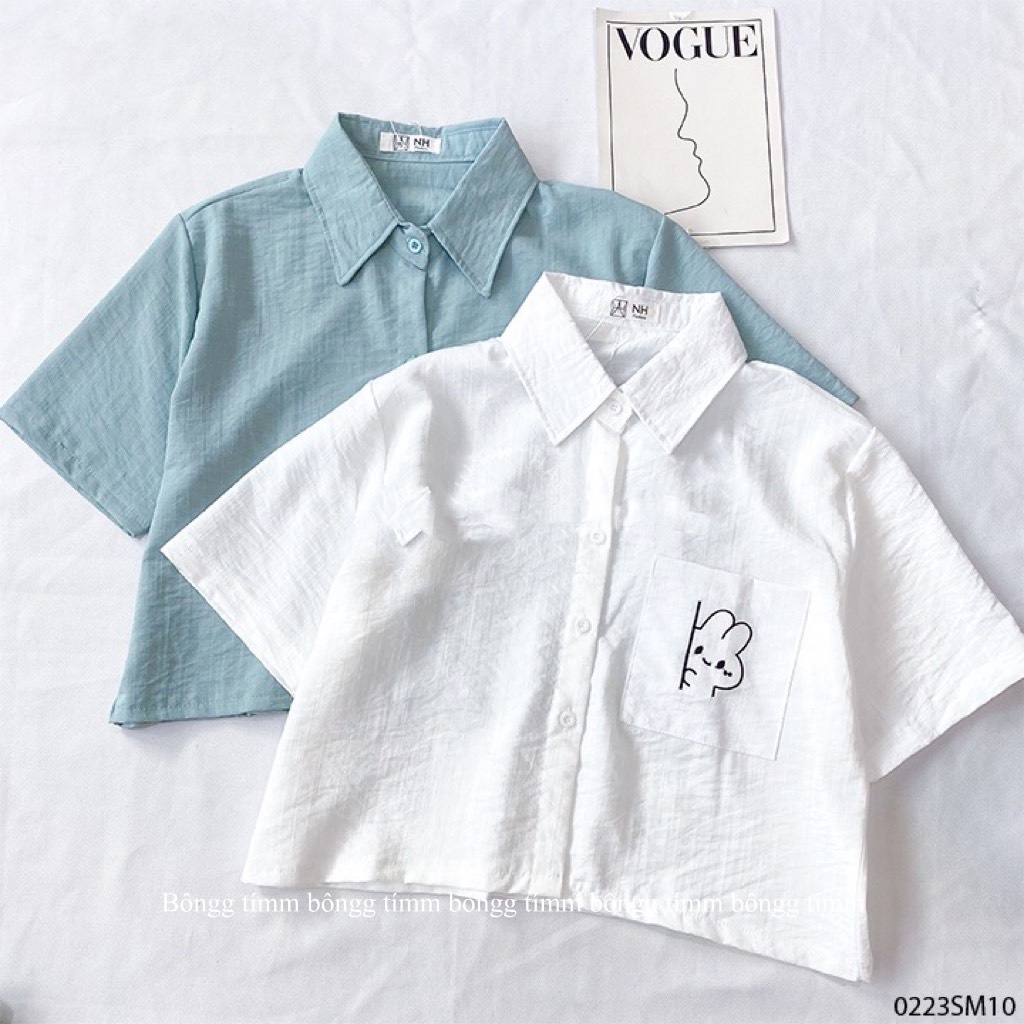 Áo croptop thêu hình dễ thương vải đũi hàn