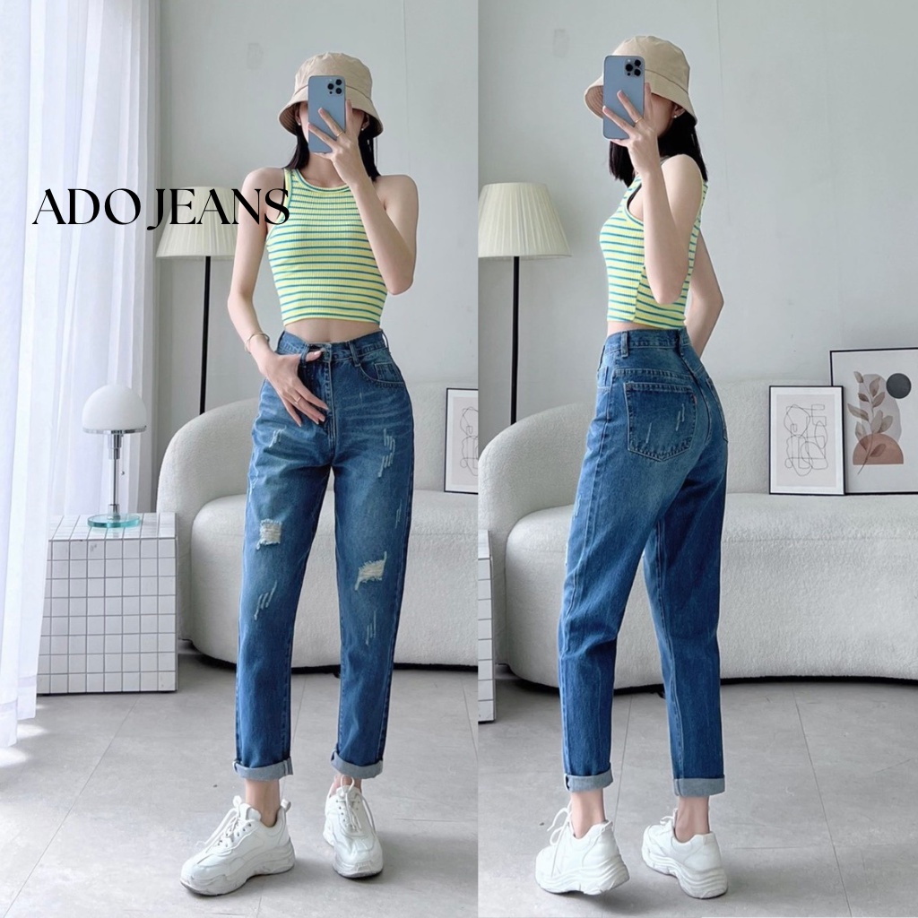 Quần baggy jean nữ rách lai tua ADO JEANS