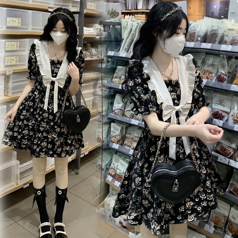 Đầm Ngắn Cổ Thủy Thủ Màu Đen Họa Tiết Hoa Xinh Xắn Thời Trang Mùa Hè Theo Phong Cách Pháp