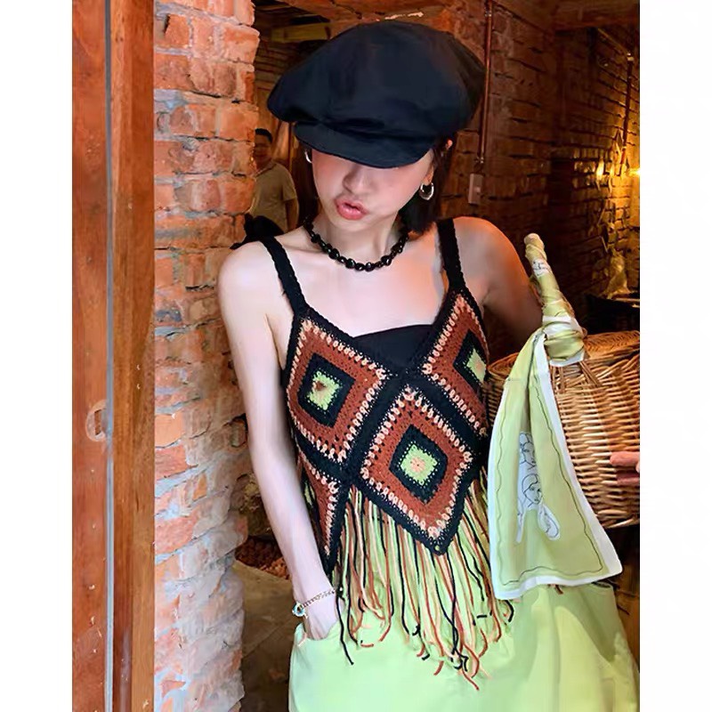 SẴN NÂU - Áo hai dây/ croptop phong cách Retro/ Bohemian du mục tua rua siêu xinh