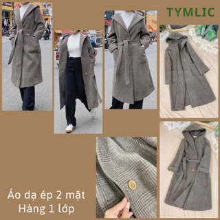 Áo Dạ Lông Cừu Dáng Dài Có Mũ Màu Kẻ TYMLIC