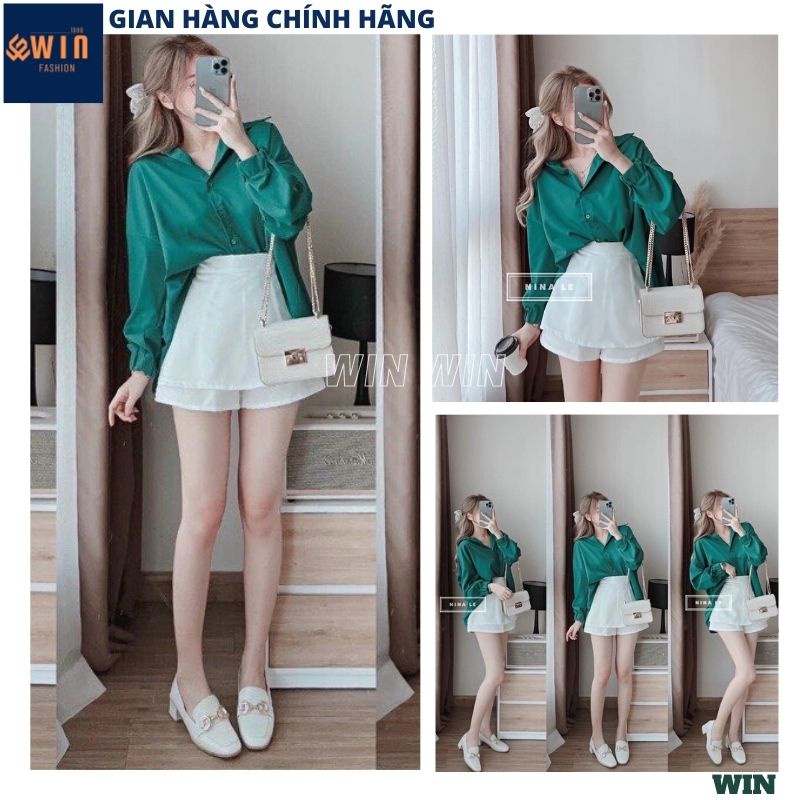 Set áo sơ mi xanh lá kèm quần giả váy xuông trắng, Set váy nữ tiểu thư xinh xắn form rộng phong cách Hàn Quốc - WIN
