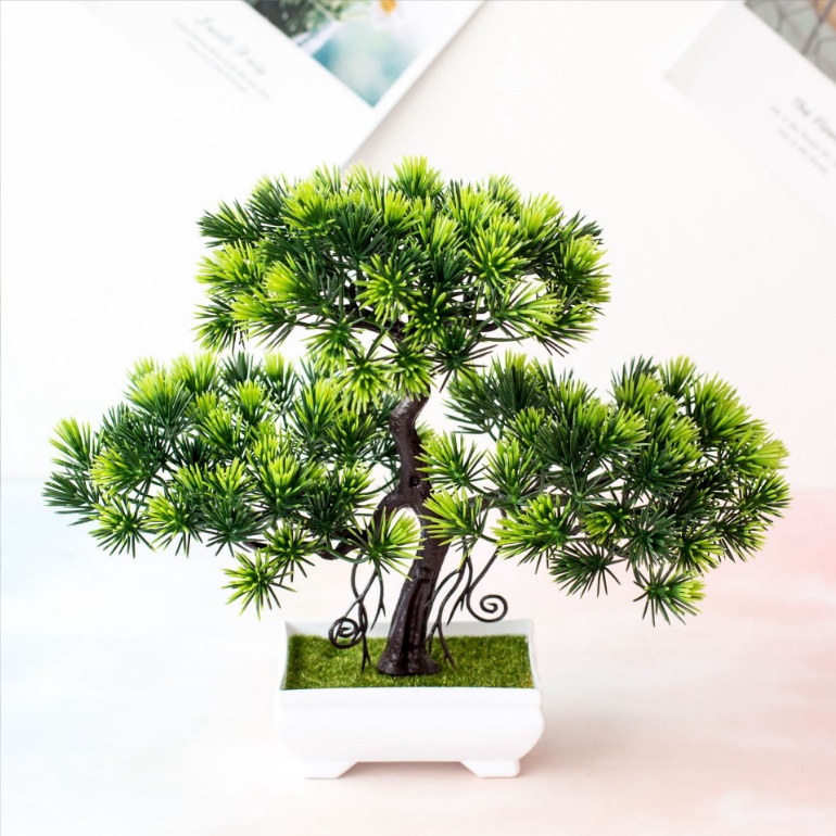 Chậu Cây Thông Xanh Bonsai Giả Để Bàn, trang trí kệ treo tường, giá sách, decor