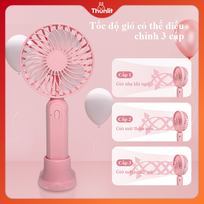 Quạt cầm tay THUNLIT màu hồng sạc USB pin 1200mAh gió mạnh và êm ái