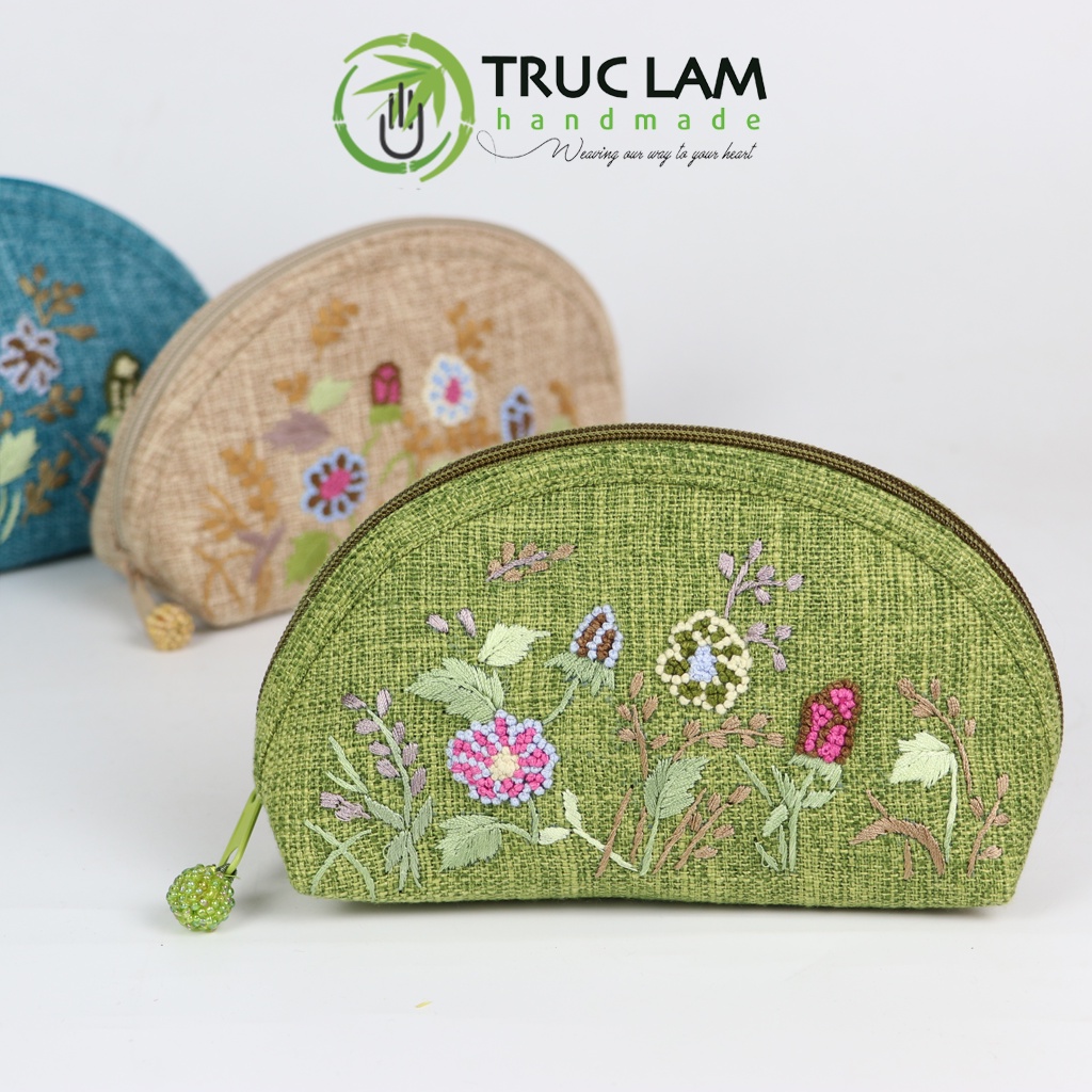 Ví Cầm Tay Nữ Ví Sò Vải Gai Họa Tiết Hoa Cỏ Thêu Tay Hai Mặt Họa Tiết Hoa Cỏ Trúc Lâm Handmade THEUV42