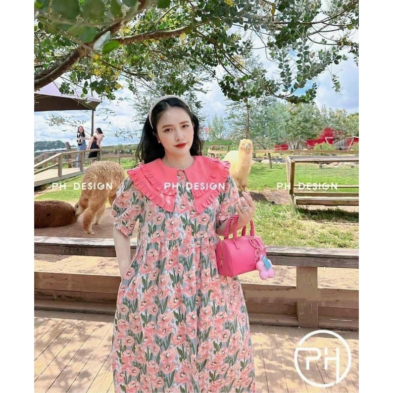 VÁY BẦU HOA TIỂU THIẾT KẾ CỔ SEN XINH SẮN - ĐẦM BẦU CÔNG SỞ ĐIỆU ĐÀ DÁNG BABYDOLL
