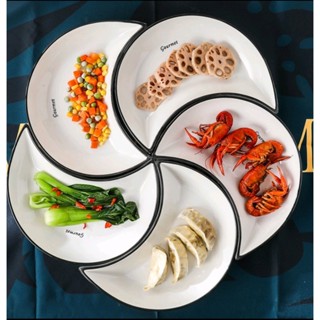 Bộ 5 đĩa sứ hình bán nguyệt, bộ đĩa xếp cánh hoa, bộ đĩa hoa mặt trời  gốm sứ cao cấp trắng viền đen