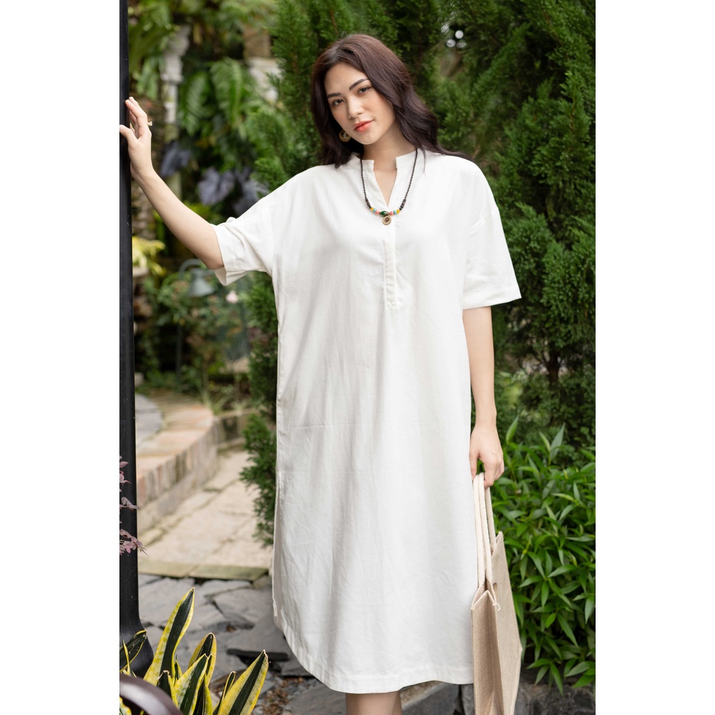 Đầm linen cổ V một nút thời trang HOA ĐÔ thiết kế đơn giản thanh lich màu trắng HD3031