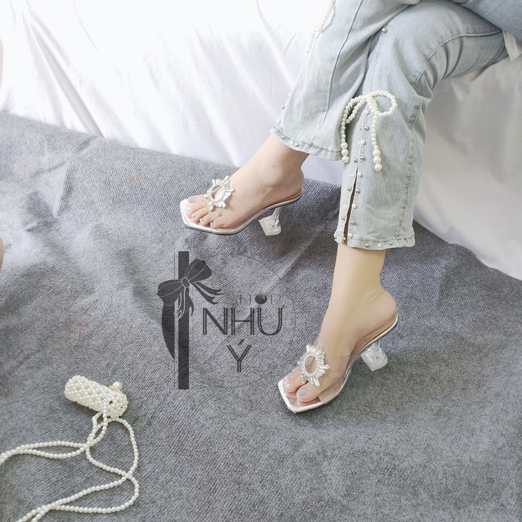 Guốc cao gót đính đá hoa mặt trời,cao gót đế ly 9cm màu bạc sang chảnh-TD hoa mt