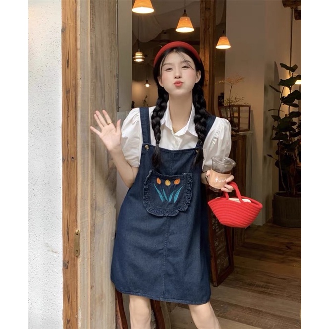 Od Yếm váy 2 dây chất denim dáng dài và ngắn hoạ tiết túi hoa tuylip mẫu mới