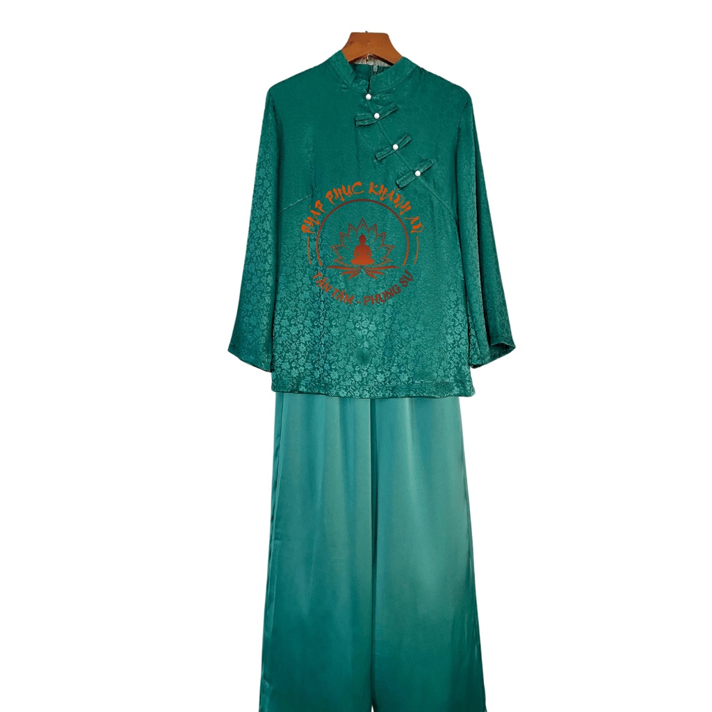 Đồ Lam Đi Chùa Khánh An, Bà Ba Cách Tân Cổ Tàu Cúc Chéo Tay Dài Làm Từ Lụa Gấm Cao Cấp Mềm Mịn