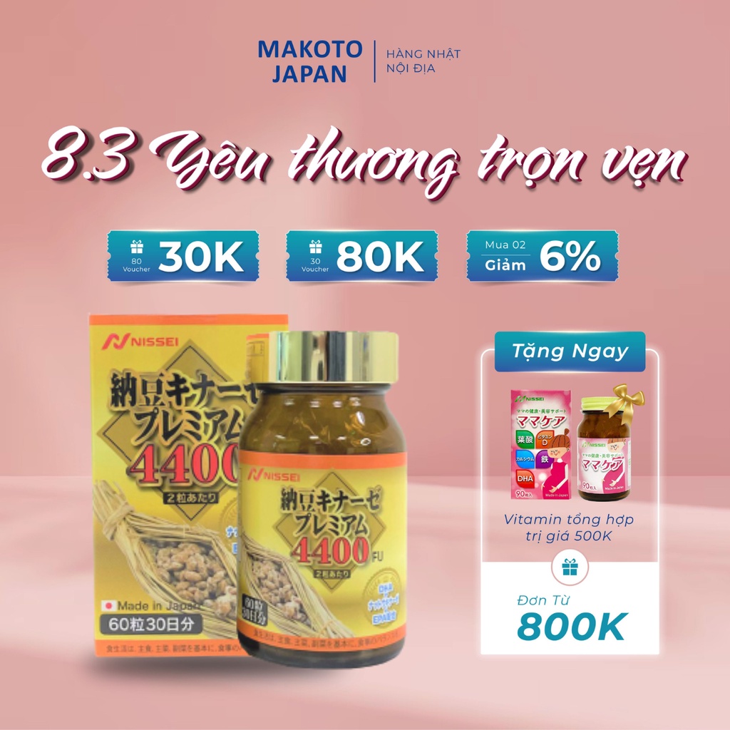 Viên uống hoạt huyết, ngừa đột quỵ Nattokinase Nhật Bản Premium 4400FU Lọ 60 viên