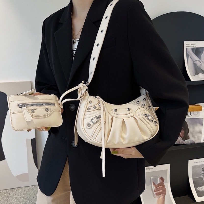 Túi Đeo Vai Gấp Gọn Gắn Đinh Tán Phong Cách Âu Mỹ Cổ Điển Thời Trang