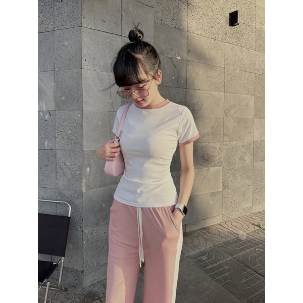 Set áo trắng quần dài sọc size S-M màu xanh - hồng - đen