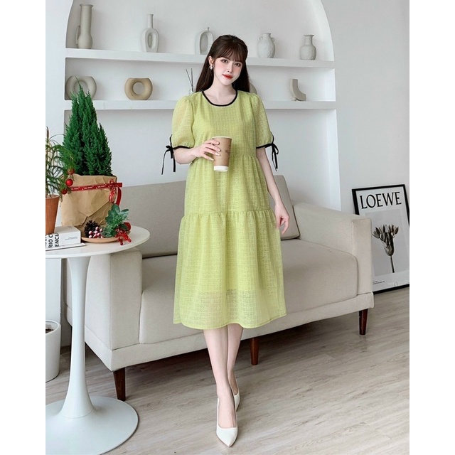 Đầm ren Xốp Hai Lớp Dáng Babydoll Phối Viền Nơ Mã H40