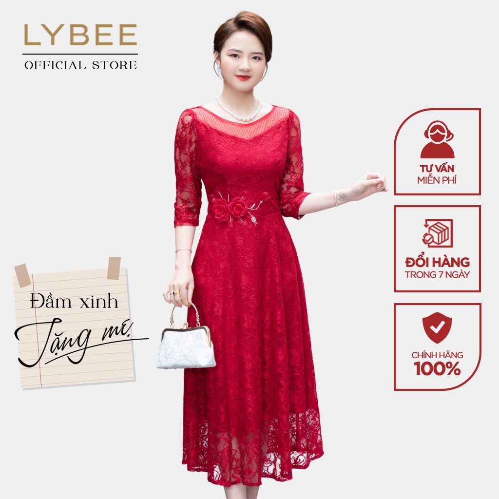Váy trung niên nữ thiết kế LYBEE LV795 màu đỏ quà tặng cho mẹ chất ren cao cấp tay lỡ dự tiệc