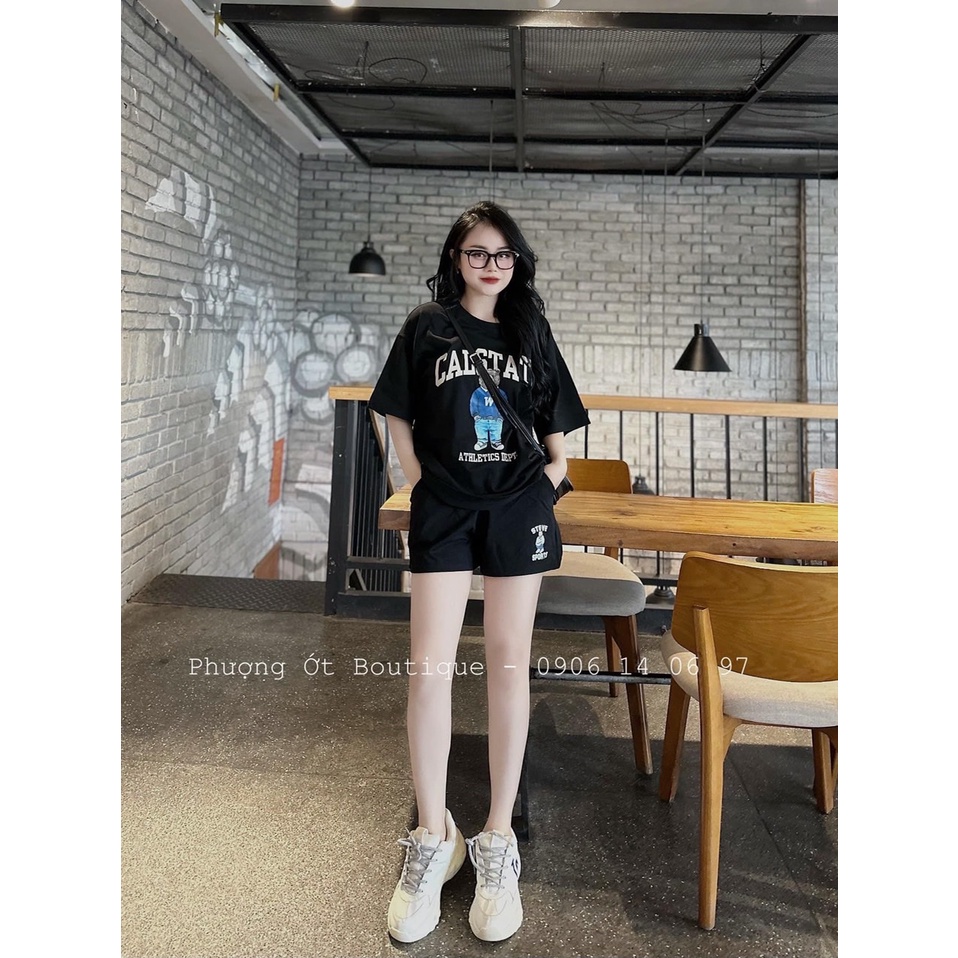 Set Thể Thao Cộc Tay 3158 Thêu Gấu Hình Chất Cotton Khô Bộ Đùi Nam Nữ Dáng Rộng Unisex Uxlang