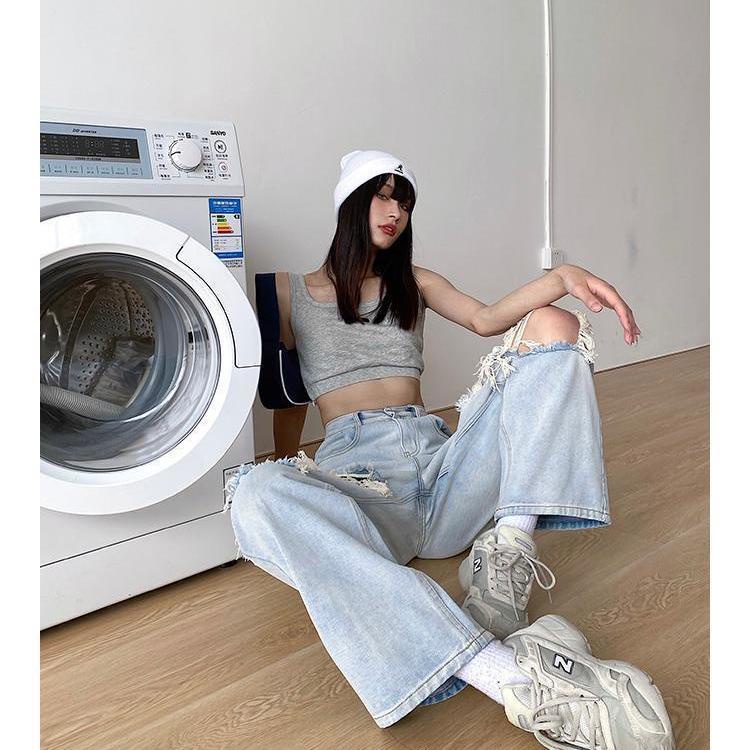 Jiashucheng Quần Jean Dài Lưng Cao Dáng Rộng Phối Rách Kiểu Retro Thời Trang Mùa Hè Cho Nữ