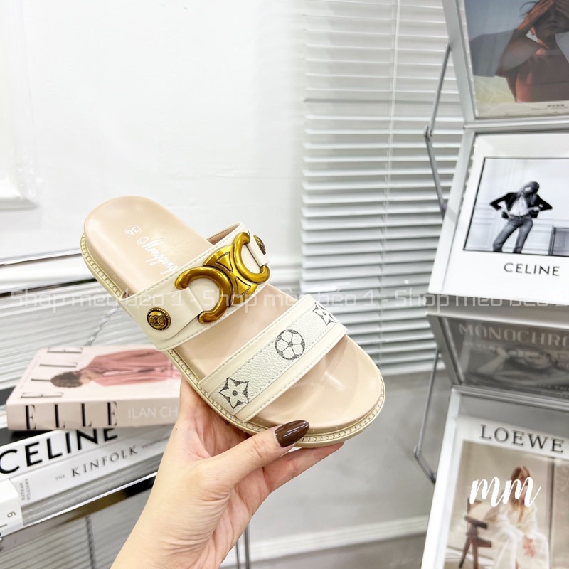 Dép cl hai quai tag đồng hoạ tiết đế bằng fullbox