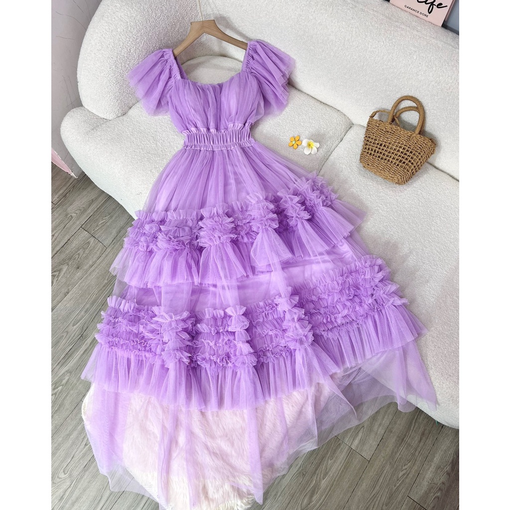 Đầm maxi bồng bềnh đi biển cao cấp, váy xòe công chúa chụp ảnh cánh tiên phối bèo, đầm maxi hở vai sexy đi biển