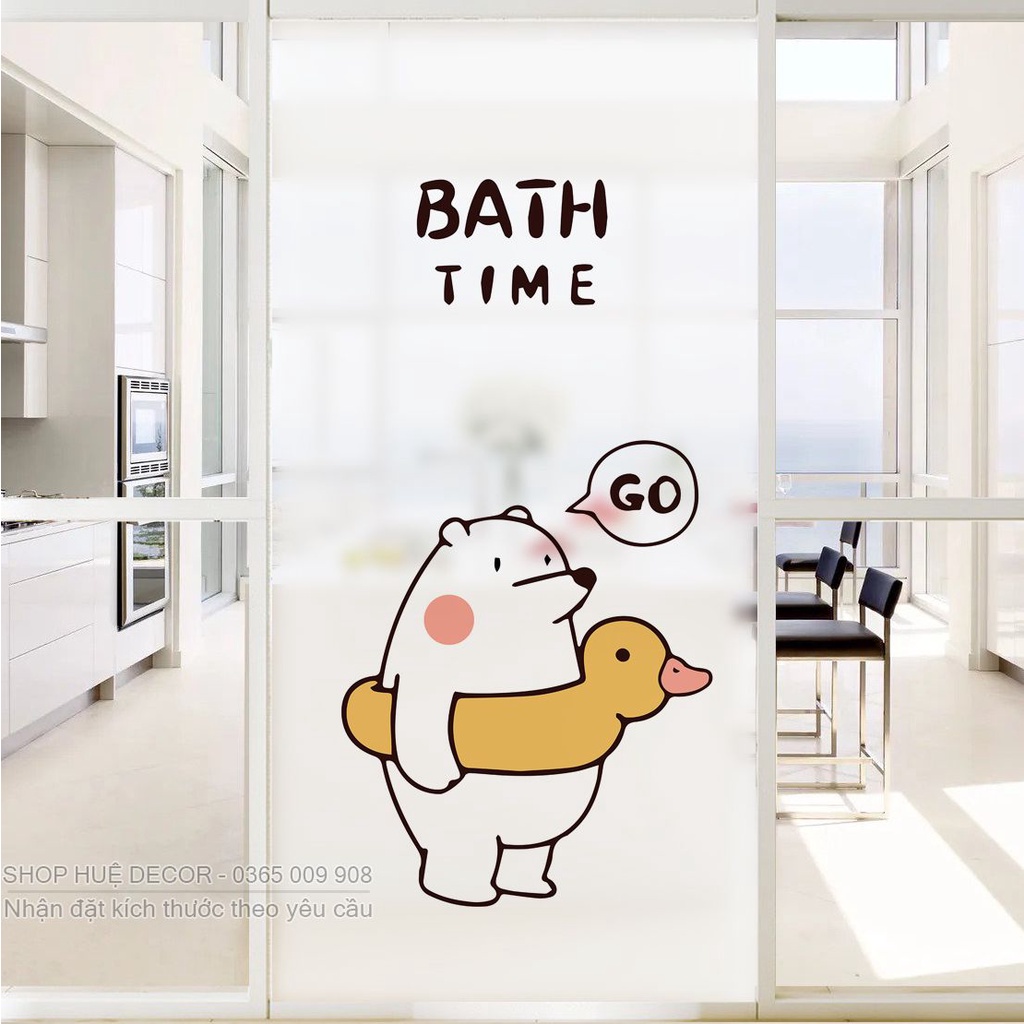 Decal dán kính gấu BATH TIME dễ thương dán cửa phòng tắm, phòng ngủ