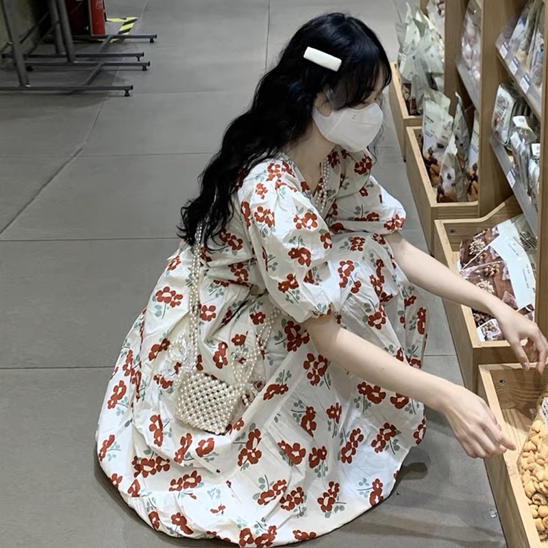 Váy Đầm Nữ Cổ Tim Tay Bồng Hoa Nhí Dáng Dài Babydoll Form Dễ Mặc