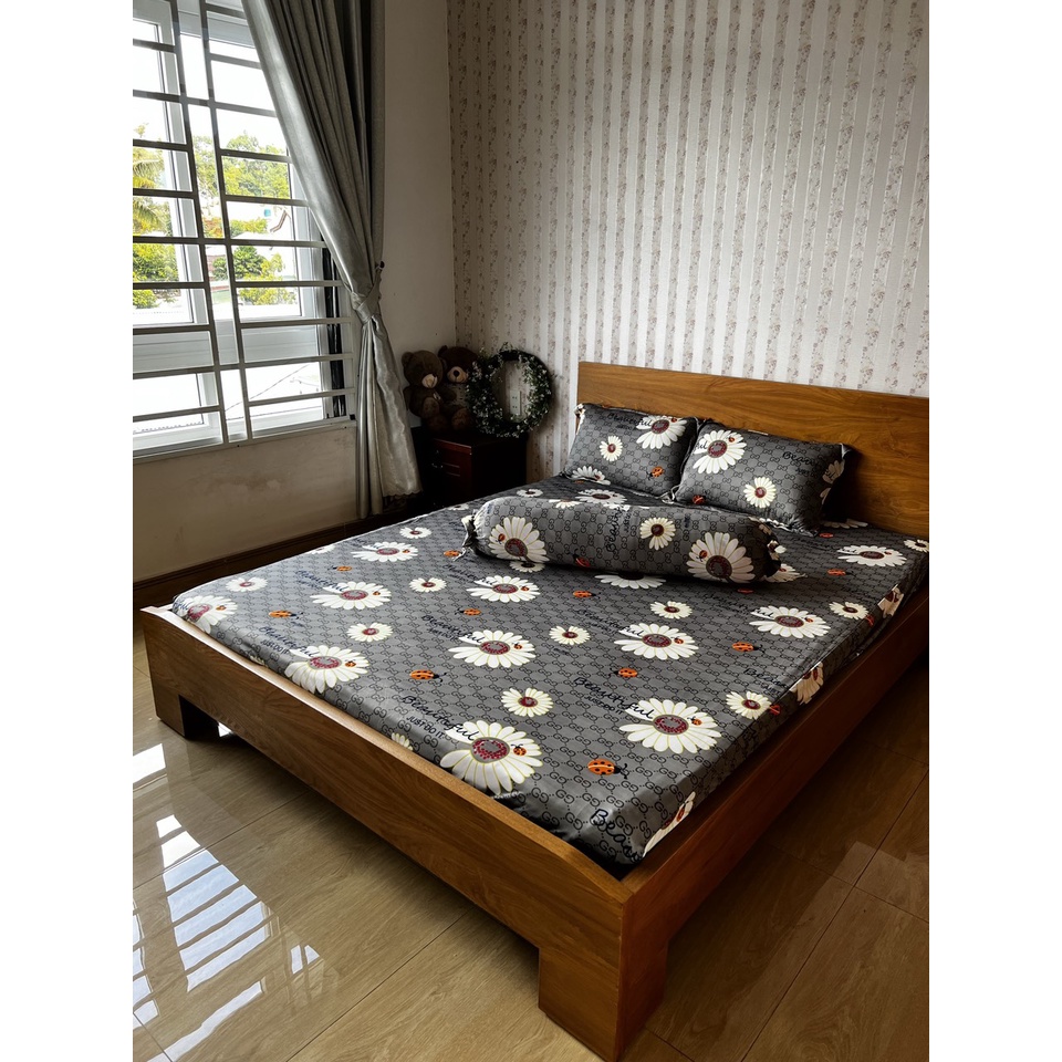 Bộ ga thun lạnh Hoa Cúc Xám 4 món ga thun hàn quốc chuyên dra thun lạnh đủ kích thước ga nệm 1m6, 1m8