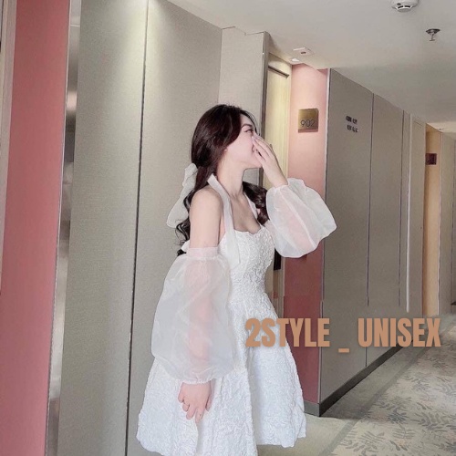 Váy cổ yếm tiểu thư chất vải gấm xốp hoa nổi/váy babydoll tay bồng có thể tháo rời phong cách trẻ trung_2style-unisex