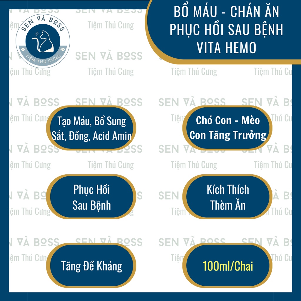Vita Hemo Hỗ trợ tạo máu kích thích thèm ăn phục hồi nhanh cho chó mèo - 100ml - Thái Lan