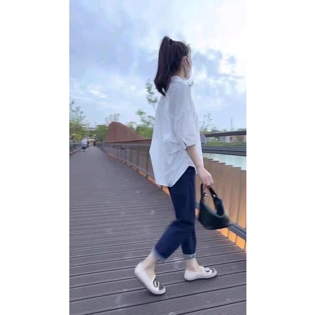 Sơ mi đuôi tôm dáng thụng bầu mặc được