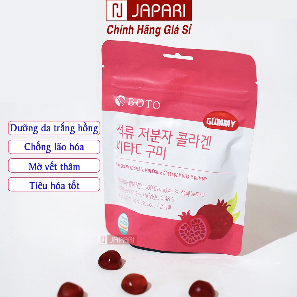 Kẹo dẻo Collagen Vị Lựu - Kẹo Collagen Vitamin C Gummy Boto Dưỡng Da, Kẹo Dẻo Collagen Hàn Quốc Gói 90G - Japari