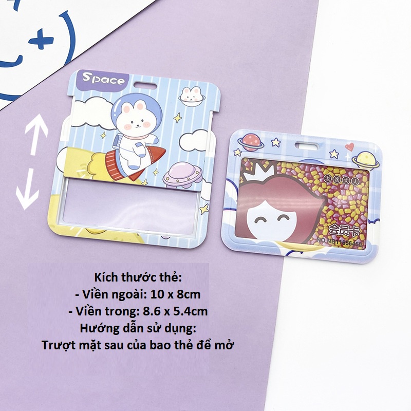 Bao đựng thẻ ngang họa hình thỏ kèm dây đeo cổ nút rút co dãn cute