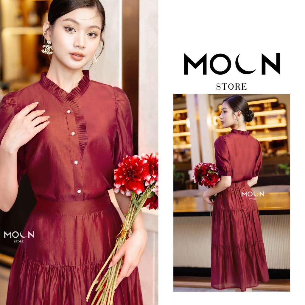 Set áo chân váy công sở, áo vải chất tơ nhật trơn màu dáng ngắn mix chân váy xòe dáng dài sang chảnh MSB451 Moon