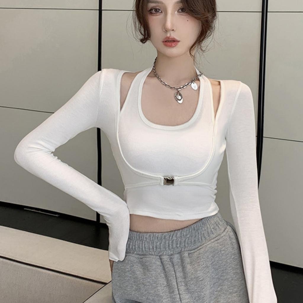 Áo croptop tay dài phối khuyên trước ngực tôn V1 GenY, Áo kiểu nữ cổ giả yếm ôm body cực tôn dáng -ADT29-