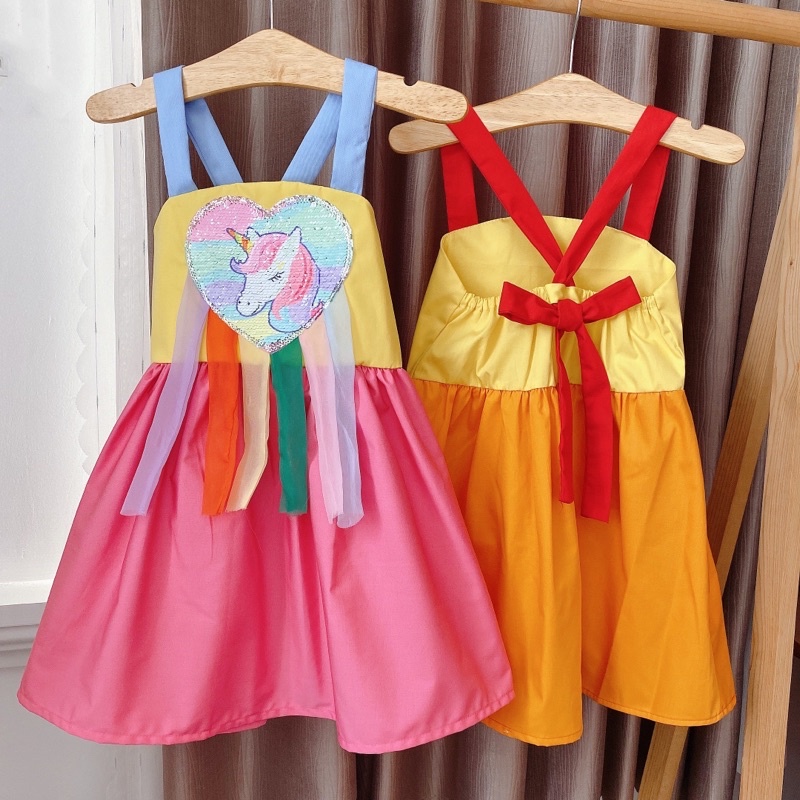 Váy bé gái mùa hè thô cotton mềm mịn phối màu xinh xắn size từ 14kg đến 35kg - Mebena shop