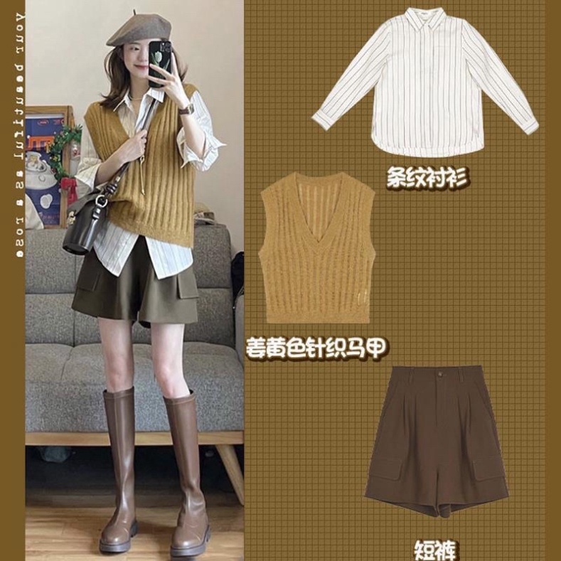 sét quần short vải + áo sơmi + áo ghile len nữ xinh xắn hàng quảng châu cao cấp ( ảnh thật ở cuối )