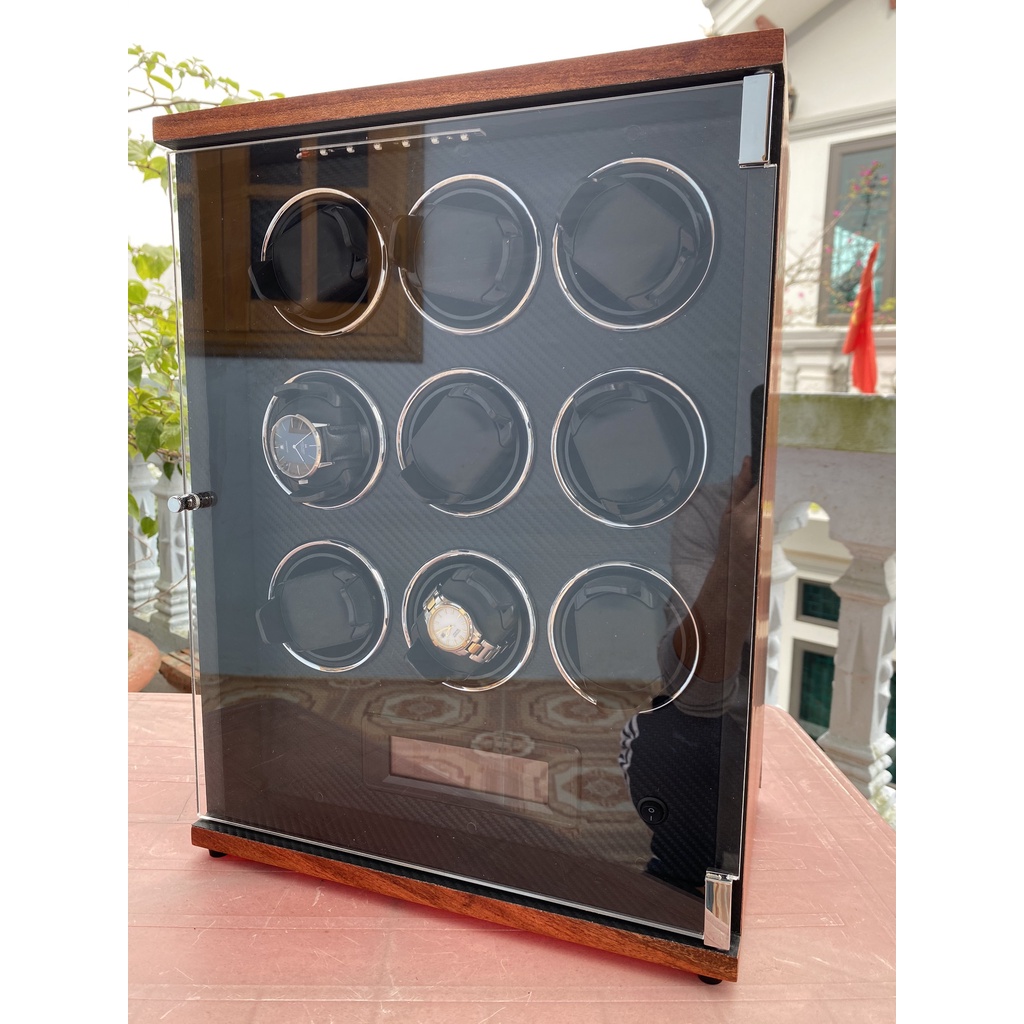 HỘP 9 XOAY CẢM ỨNG+ ĐIỀU KHIỂN TỪ XA. Hôp xoay đồng hồ cơ gỗ Hương đá - gối lò xo thông minh - màn hình điều khiển LED