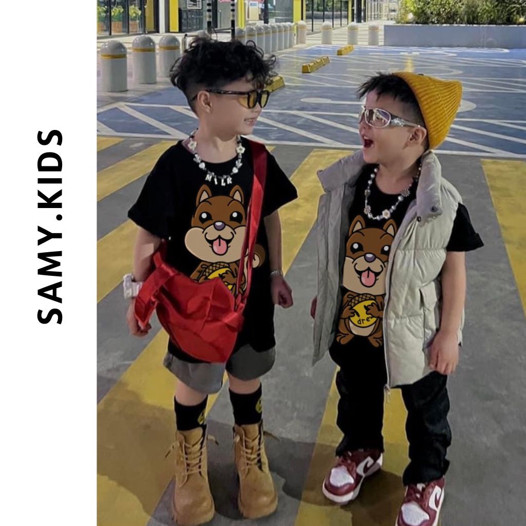 Áo thun DREWW trẻ em, áo phông gia đình tay lỡ unisex, áo cho bé trai, bé gái SAMY KIDS hình sóc