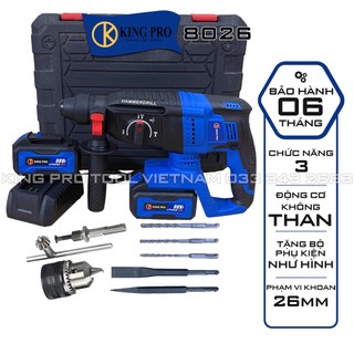 Máy khoan bê tông pin KING PRO 8026 Tặng 5 mũi và Đầu kẹp 13ly Sắt 3 chức năng, Động cơ bền bỉ mạnh mẽ