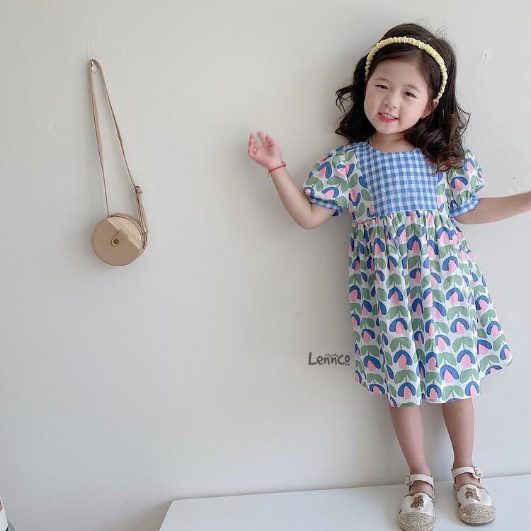 Váy Lennco hoa phối cổ kẻ caro cho bé gái