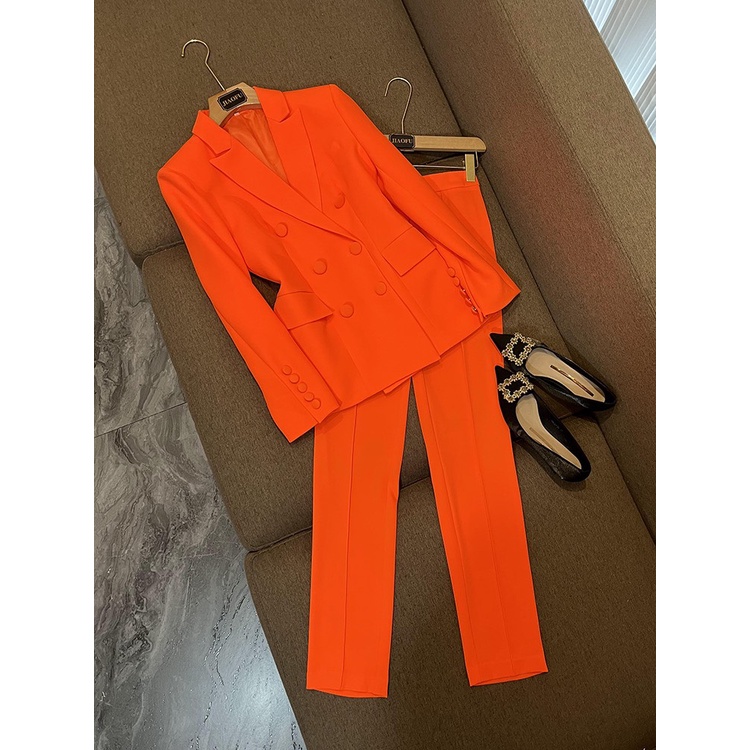 Set Vest nữ áo blazer nữ, quần ống đứng nữ cạp nhỏ màu cam QUYNH Design AV001