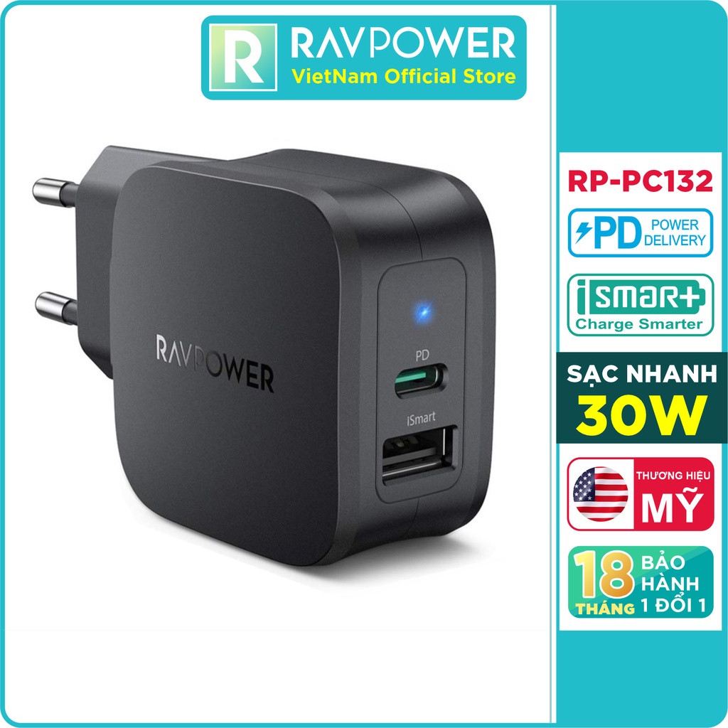 Adapter Củ Sạc 30W 1 Cổng USB Và 1 Type-C PD 18W Sạc Nhanh RAVPower RP-PC132 - Hàng Chính Hãng